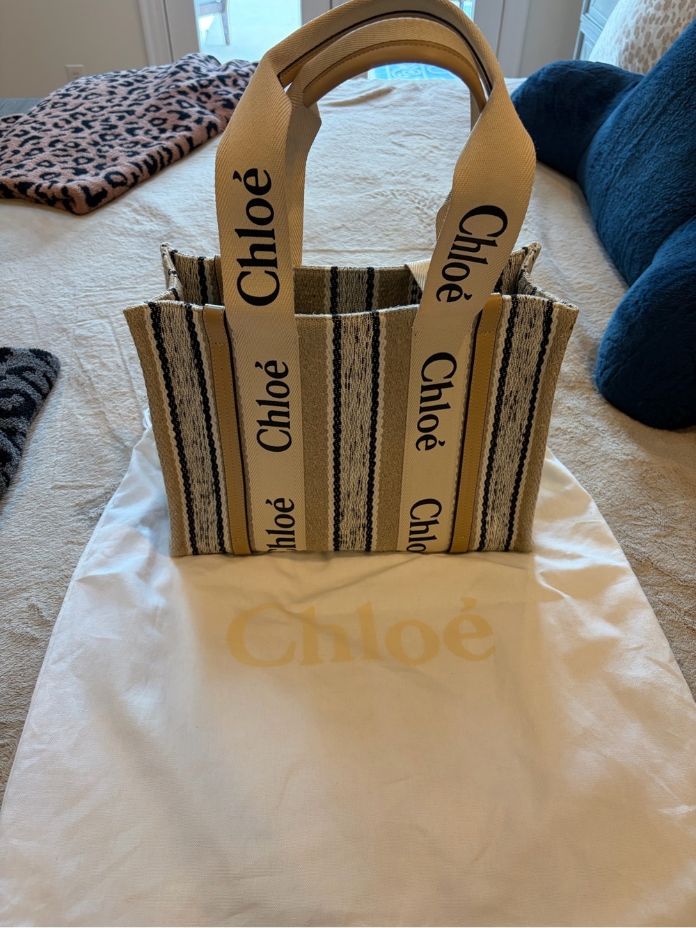 Chloé Striped Canvas Tote with Logo Straps - Beige & Black